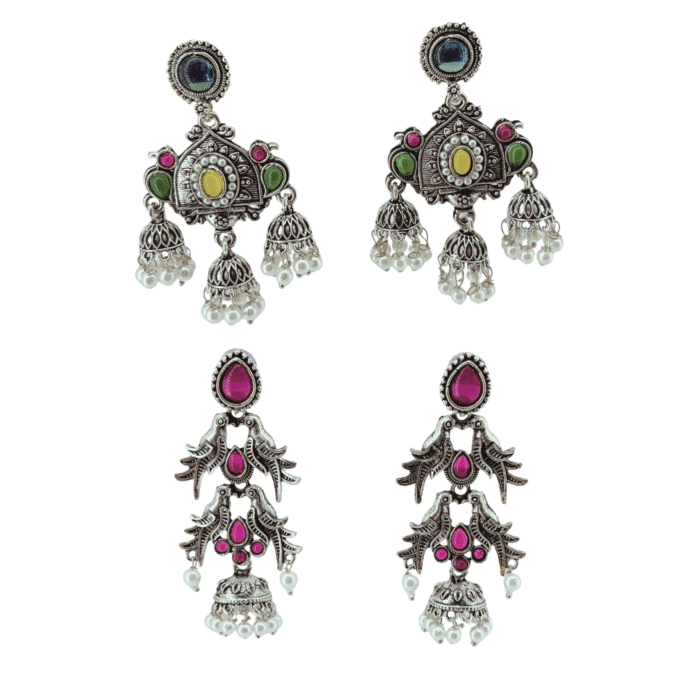 1 Nimaya Traditional Oxidised Earrings Combo (Set of 2) with Stones & Pearl Danglers - Image 1