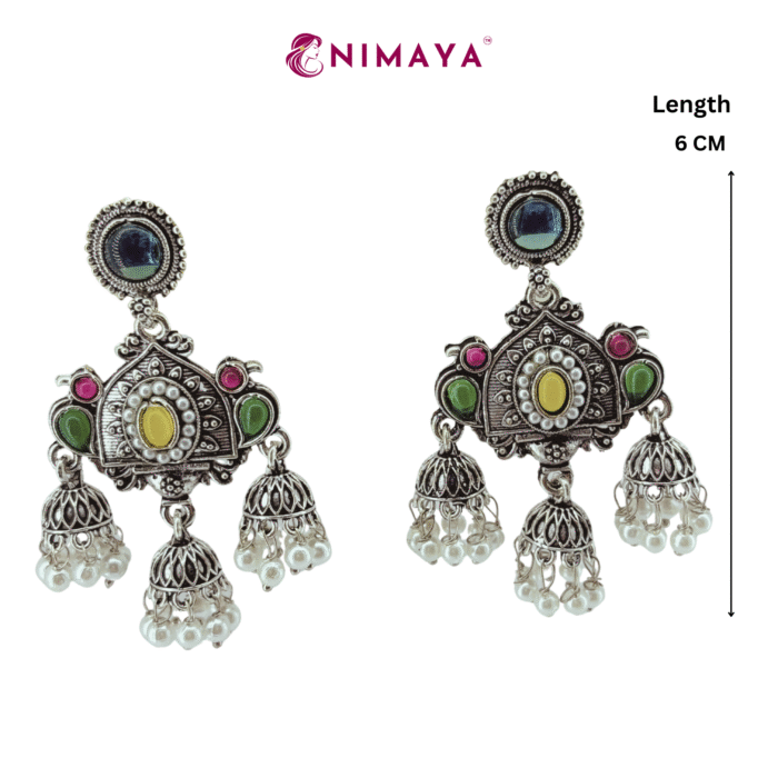 Nimaya Traditional Oxidised Earrings Combo (Set of 2) with Stones & Pearl Danglers - Image 2