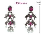 Nimaya Traditional Oxidised Bird Motif Earrings with Pink Stones & Pearl Jhumka Drops for Women & Girls - Image 2