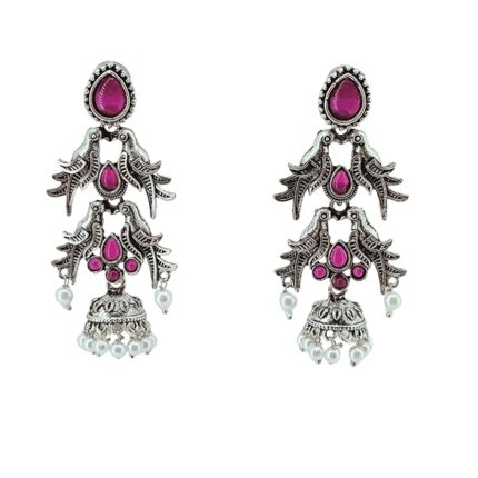 Nimaya Traditional Oxidised Bird Motif Earrings with Pink Stones & Pearl Jhumka Drops for Women & Girls
