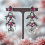 Nimaya Traditional Oxidised Bird Motif Earrings with Pink Stones & Pearl Jhumka Drops for Women & Girls - Image 3